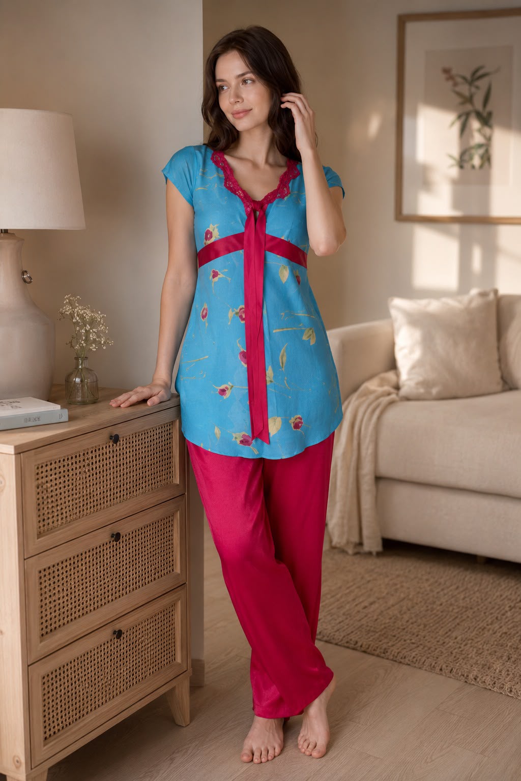 Night suit in Printed Chiffon