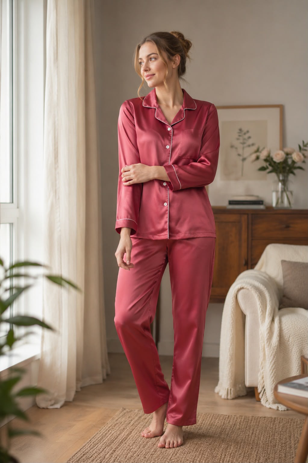 Collar Button Front Top Satin Night Suit