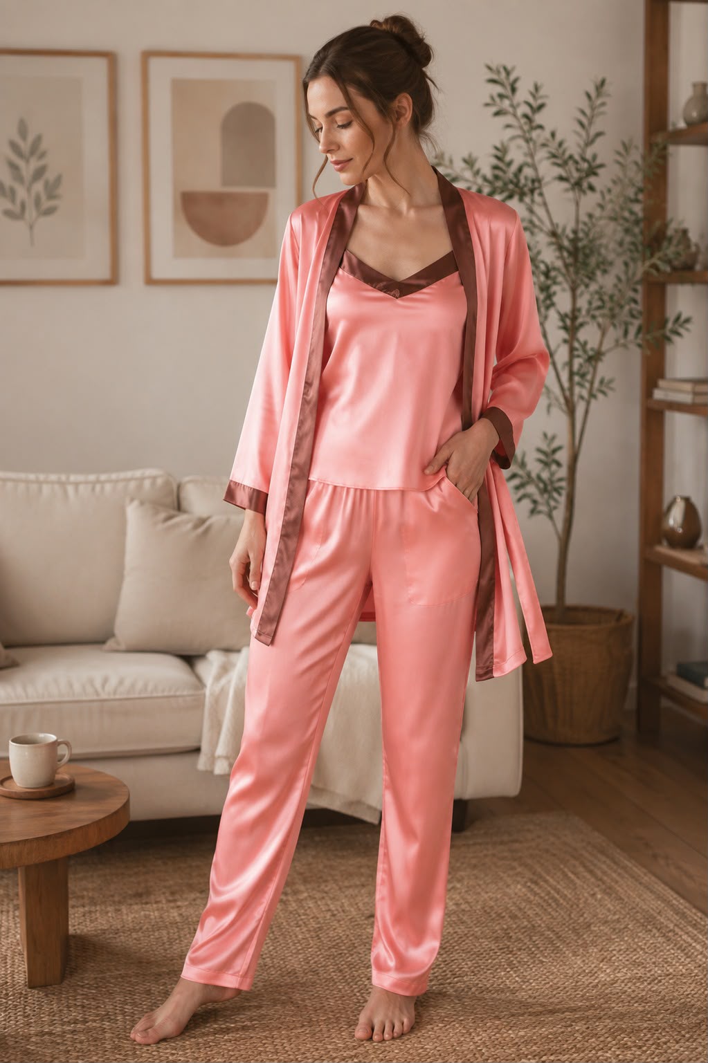 Peach Satin Night suit with Robe