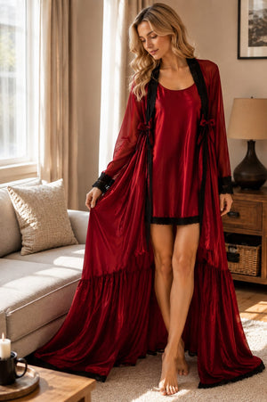 Women’s Satin Night Suit with Long Sheer Robe – Red & Black