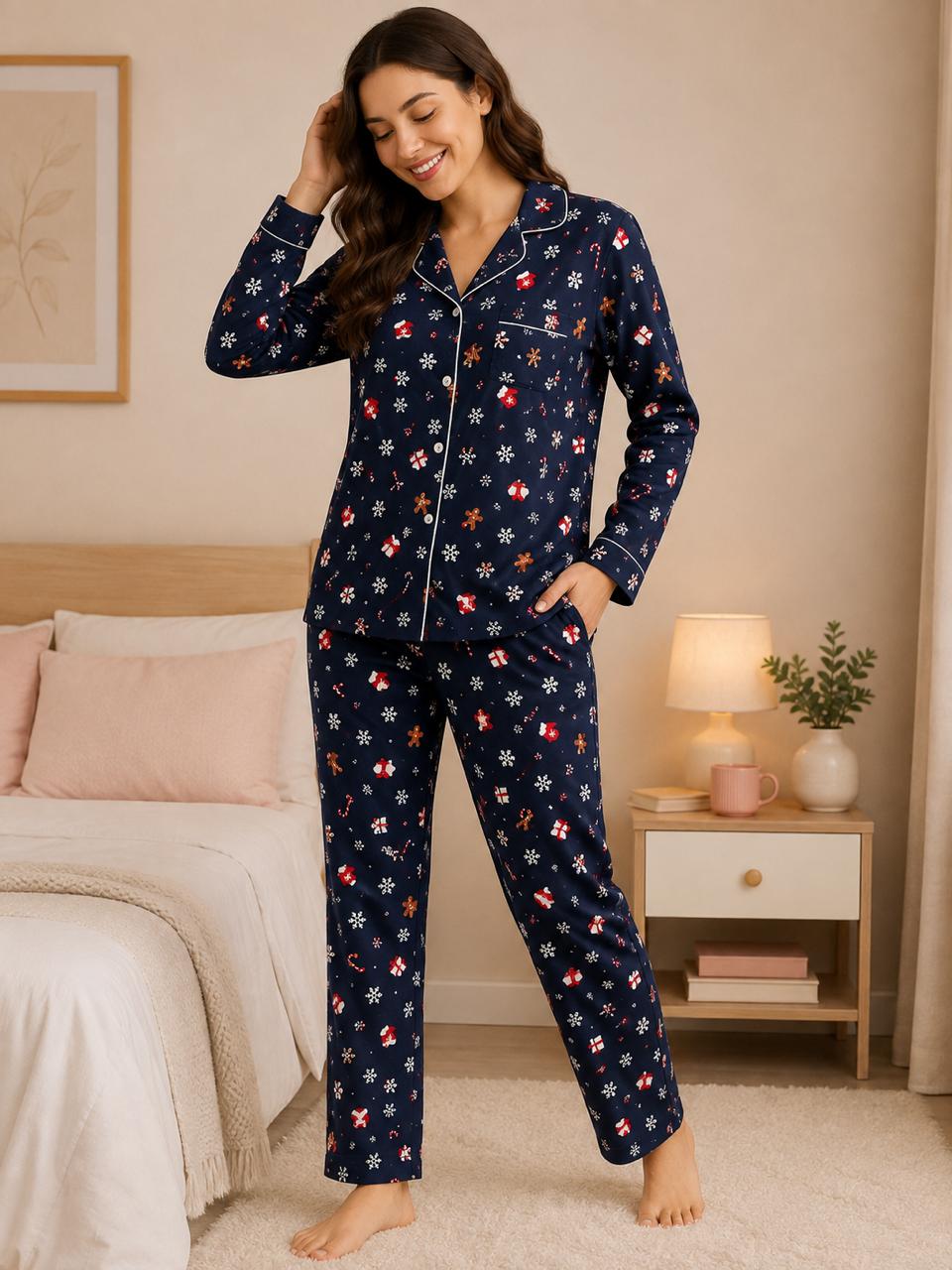 Women’s Navy Blue Christmas Print Satin Pyjama Set