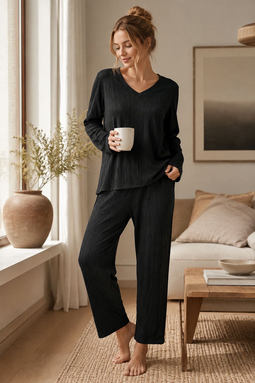 Black Textured V-Neck Lounge Night Suit