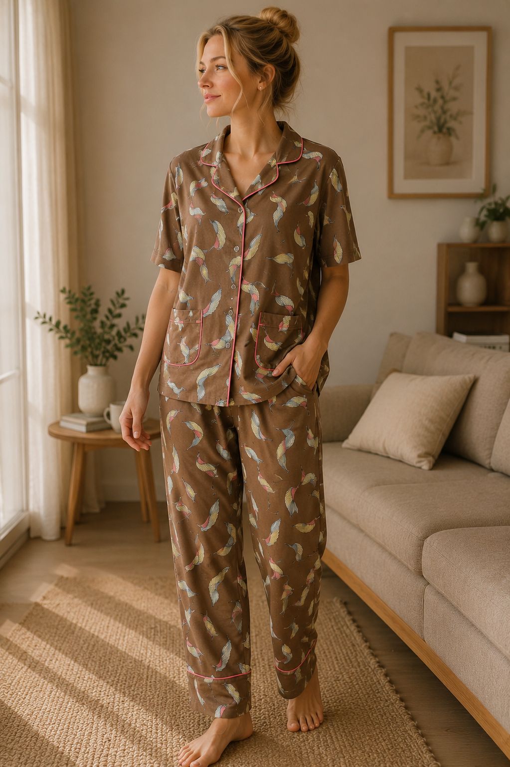 Feather Print Brown Satin Night Suit
