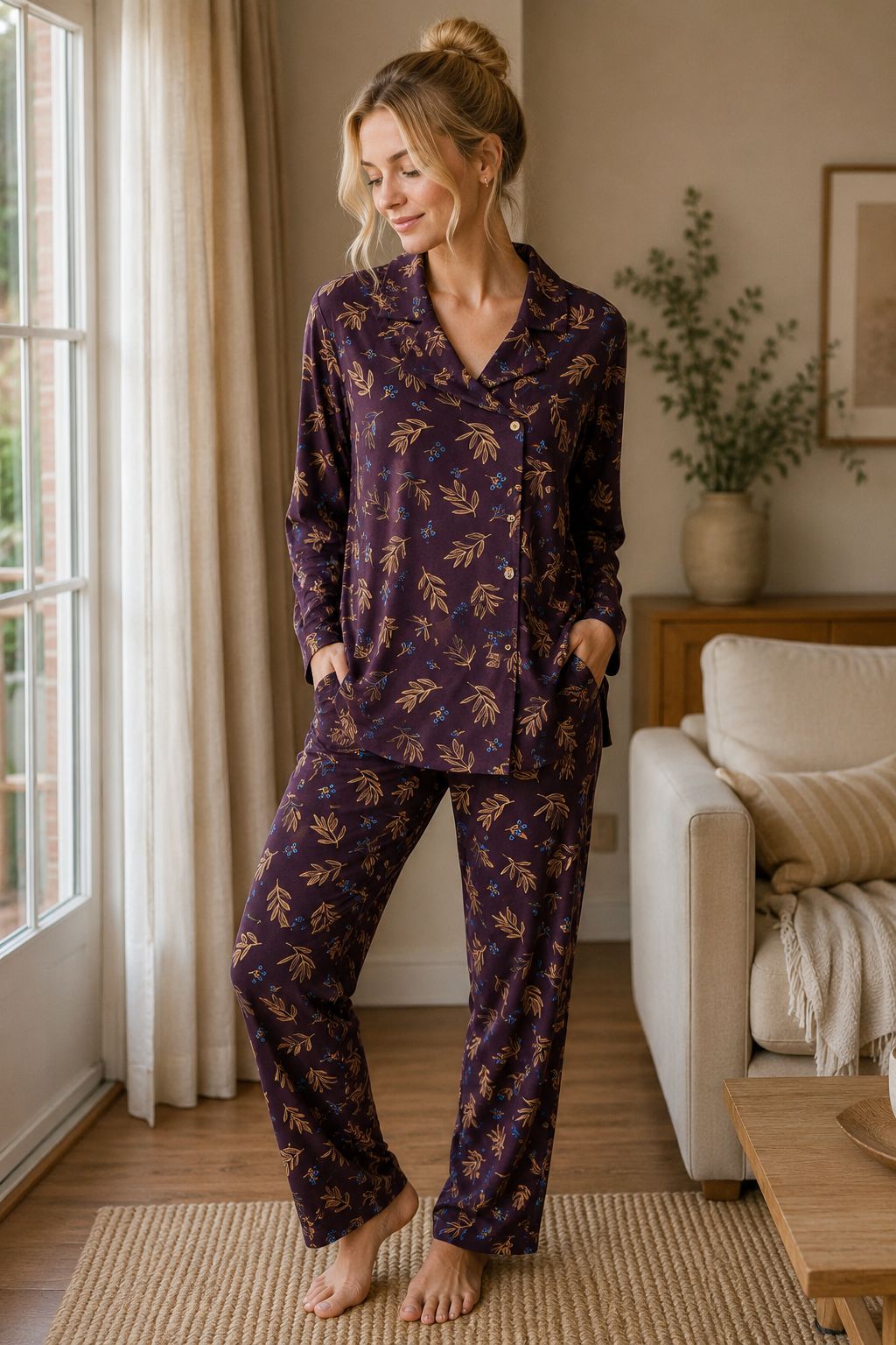 Midnight Leaf Print Premium Night Suit