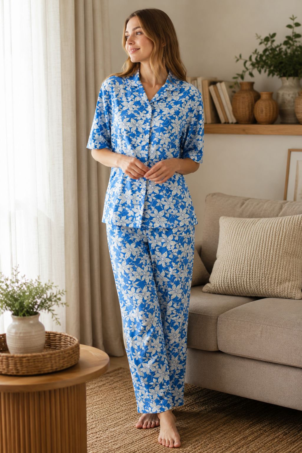 Azure Bloom Floral Premium Night Suit