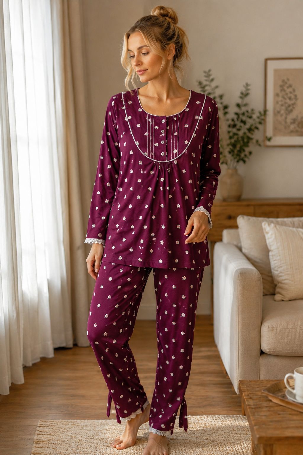 Maroon Floral Printed Cotton Night Suit