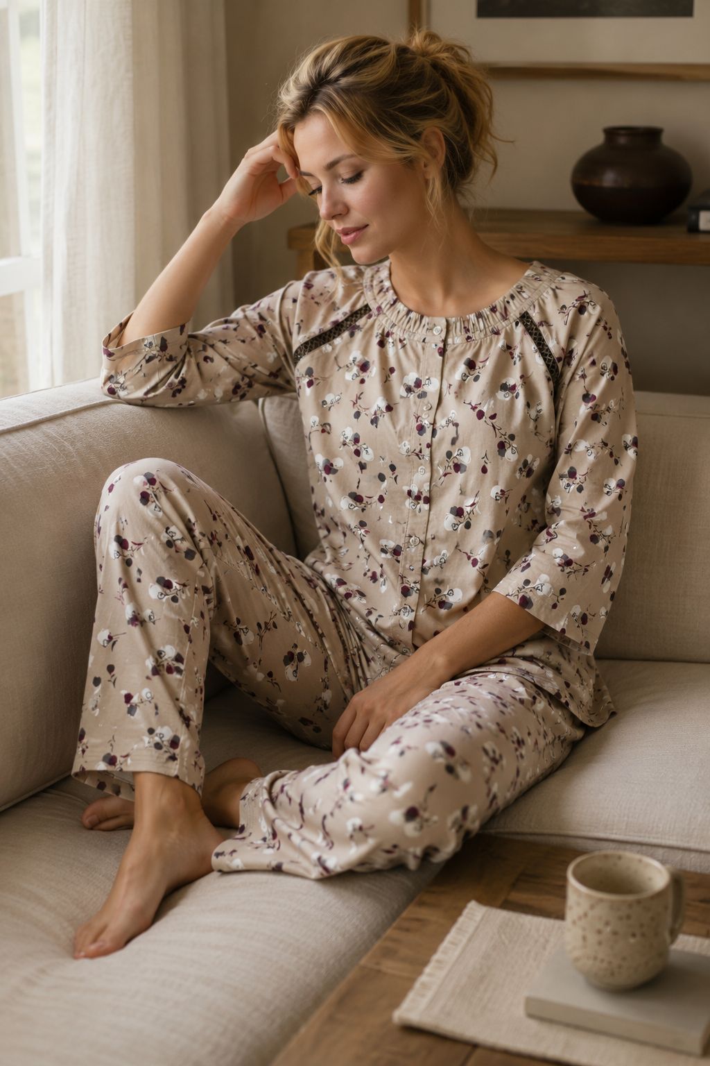 Beige Floral Printed Comfort Night Suit