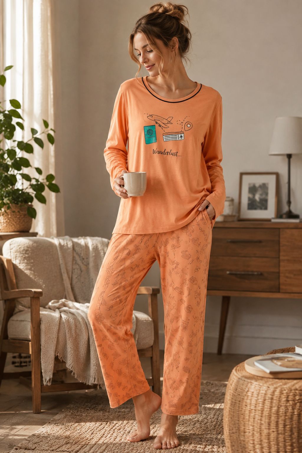 Peach Wanderlust Printed Night Suit