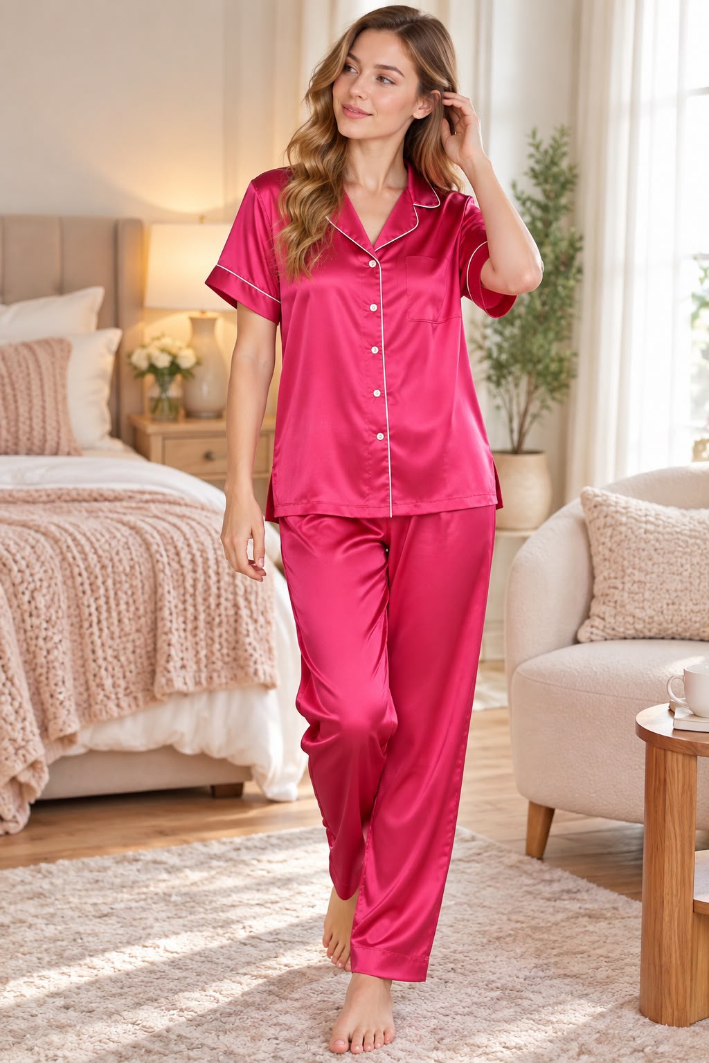 Fuchsia Élan Satin Nightsuit Set