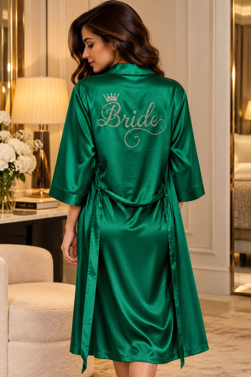 Émeraude Royale – Bride Rhinestone Crown Satin Robe