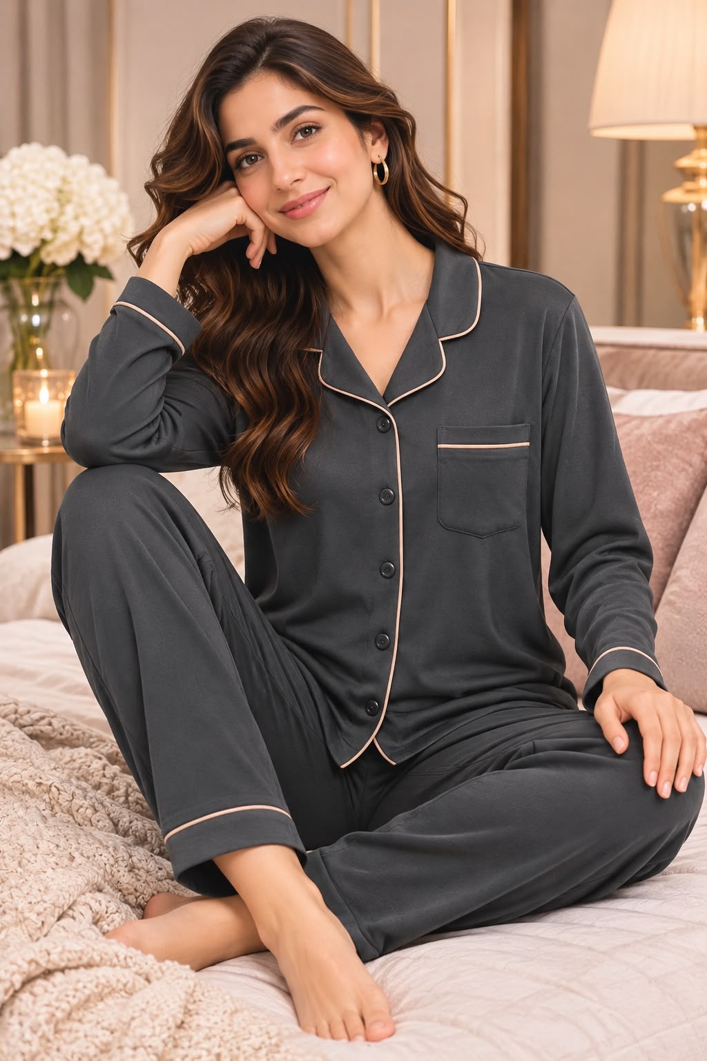 Éclipse Noir – Dark Grey Luxe Shirt & Pyjama Set