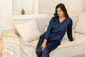 Blue Self stripe Satin Pj set