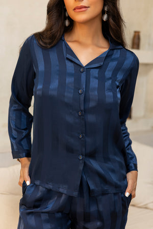 Blue Self stripe Satin Pj set