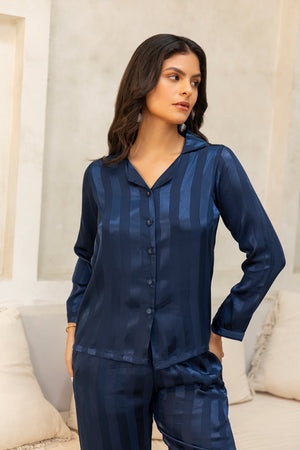 Blue Self stripe Satin Pj set