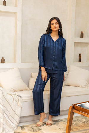 Blue Self stripe Satin Pj set