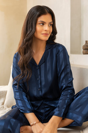 Blue Self stripe Satin Pj set