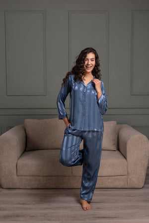 Stripe satin night suit in Midnight Blue