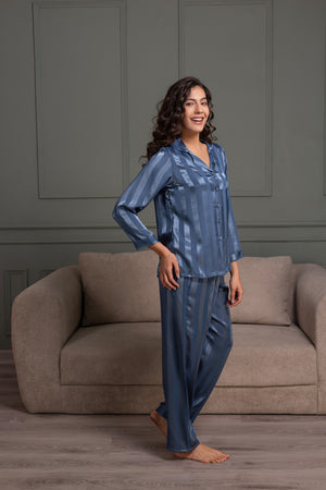 Stripe satin night suit in Midnight Blue