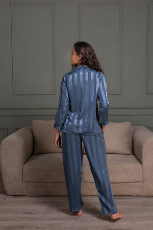 Stripe satin night suit in Midnight Blue