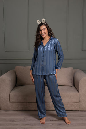 Stripe satin night suit in Midnight Blue
