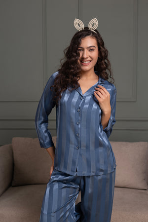 Stripe satin night suit in Midnight Blue