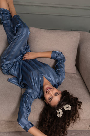 Stripe satin night suit in Midnight Blue