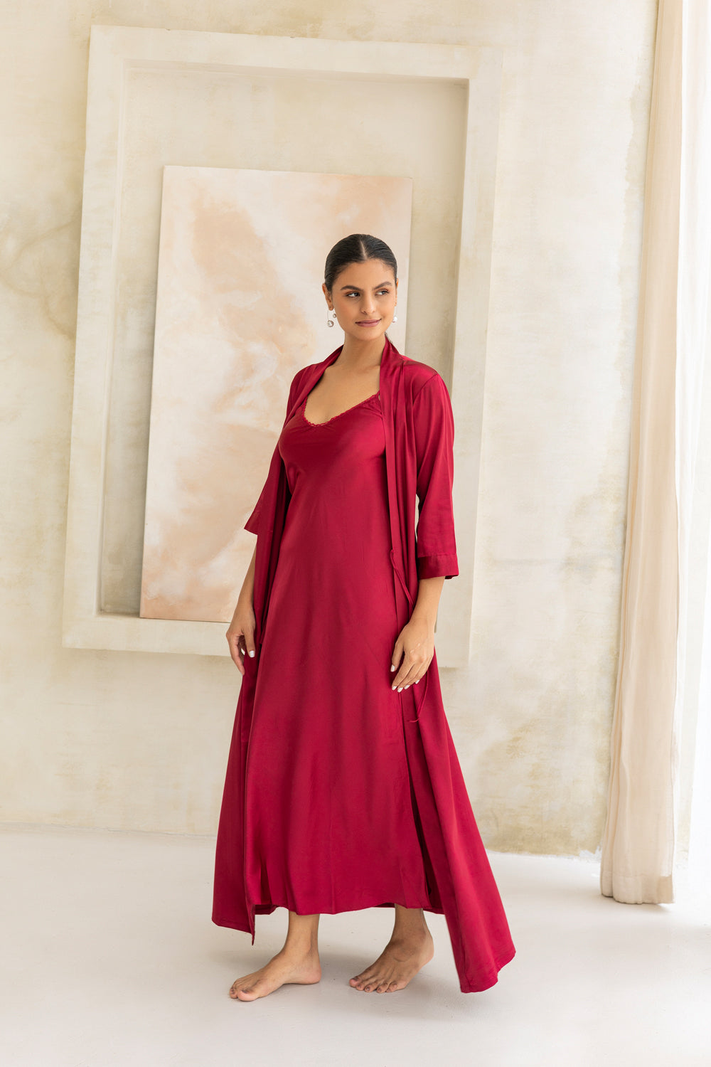 Imperial Ruby Silk Satin Nightgown set