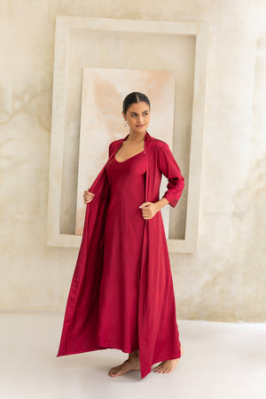 Imperial Ruby Silk Satin Nightgown set