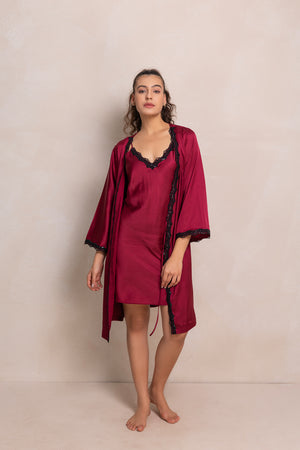 Maroon Nightgown set with black gloss lace