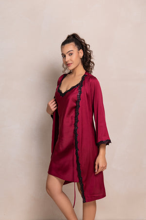 Maroon Nightgown set with black gloss lace