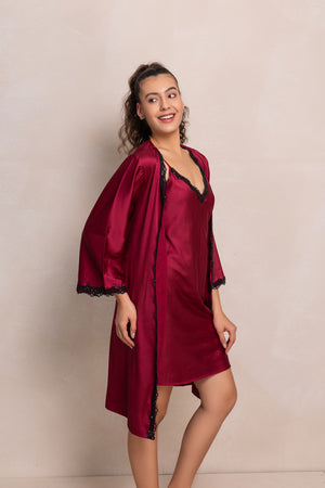 Maroon Nightgown set with black gloss lace