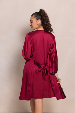 Maroon Nightgown set with black gloss lace