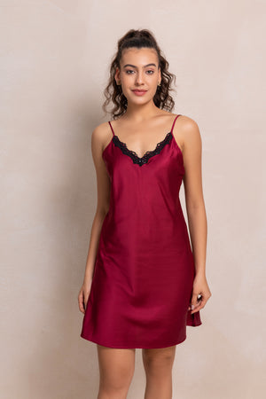 Maroon Nightgown set with black gloss lace