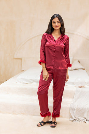 Luxe Satin classic collar Pj set with Fur
