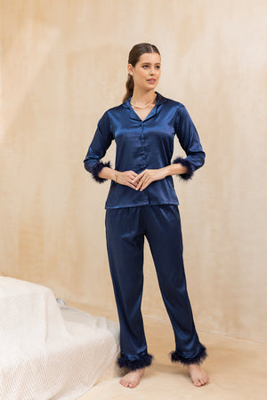 Luxe Satin classic collar Pj set with Fur