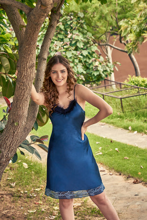 Navy Blue Designer Nightgown set with Fur detail