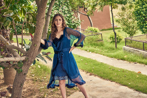 Navy Blue Designer Nightgown set with Fur detail