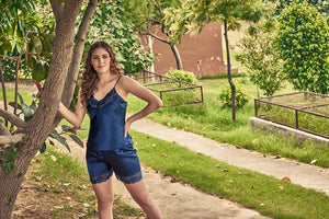 Navy Blue Designer Nightgown set with Fur detail