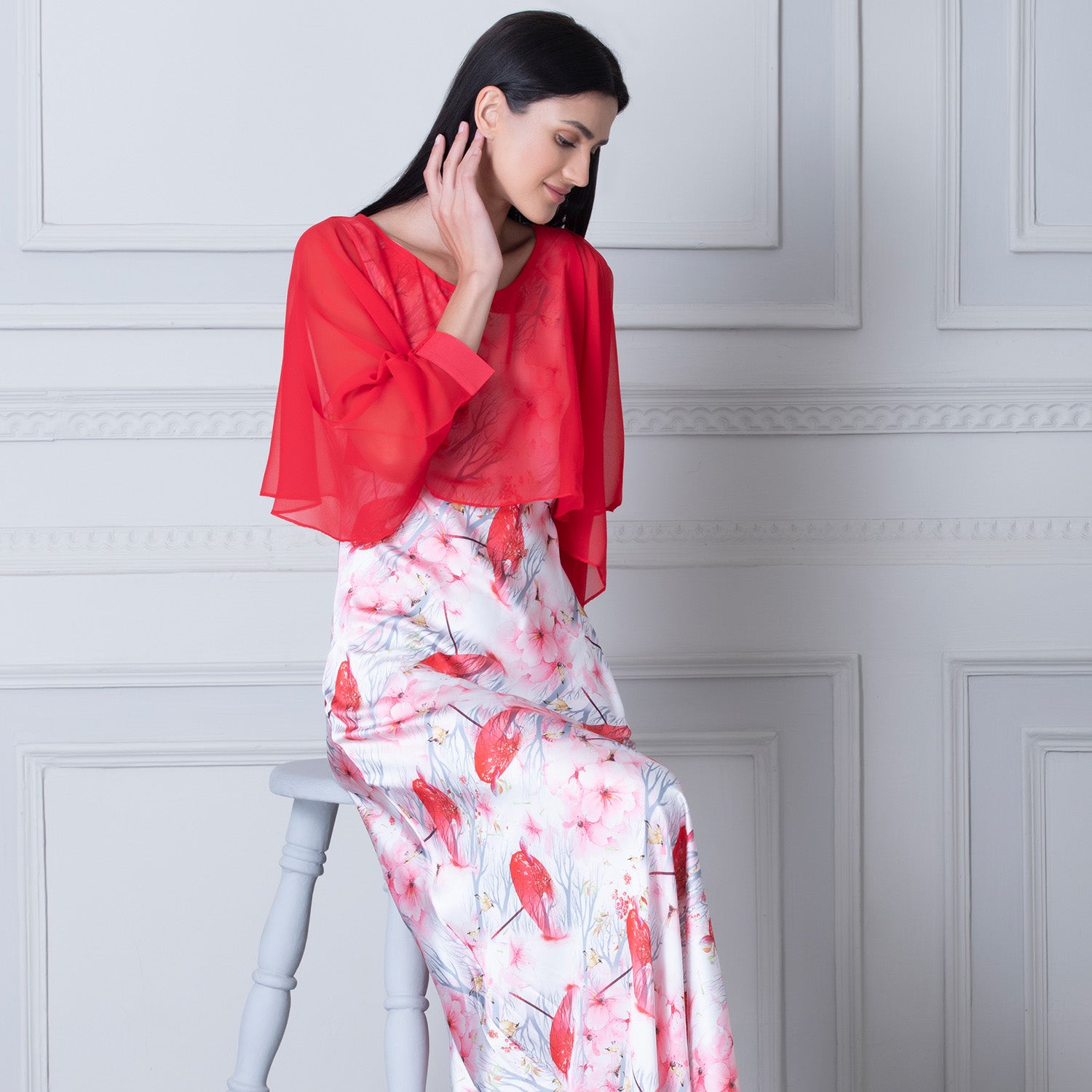 Floral Print White Satin Nighty with chiffon Cape Private Lives