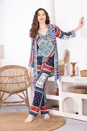 Printed Rayon Pj set with Long Robe