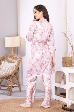 Printed Satin Night suit with Robe