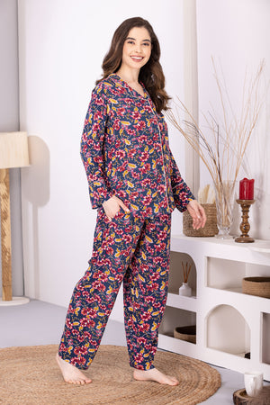 Floral Rayon Classic Collar Night suit