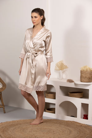 Satin Nightgown set in Beige with lace detail