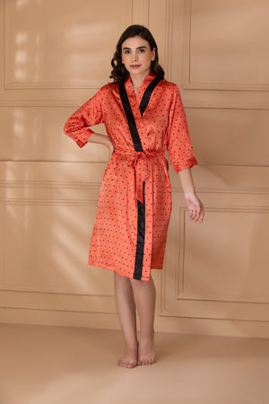 Orange & Black Printed Satin Short Nightgown Set