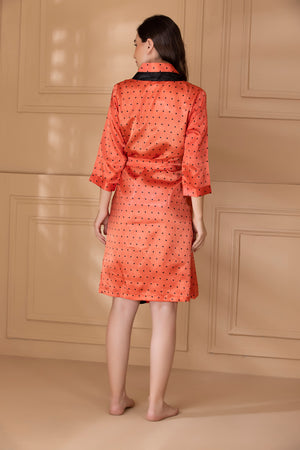 Orange & Black Printed Satin Short Nightgown Set