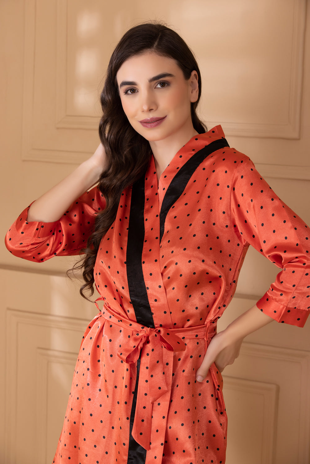 Orange & Black Printed Satin Short Nightgown Set