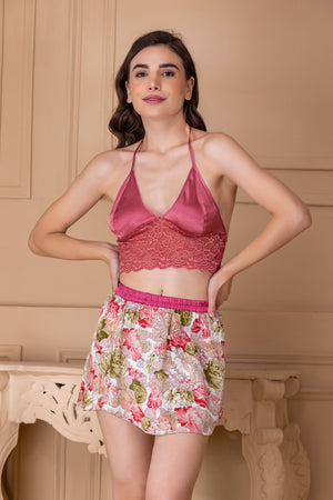 Floral Satin Set with crop top & skirt