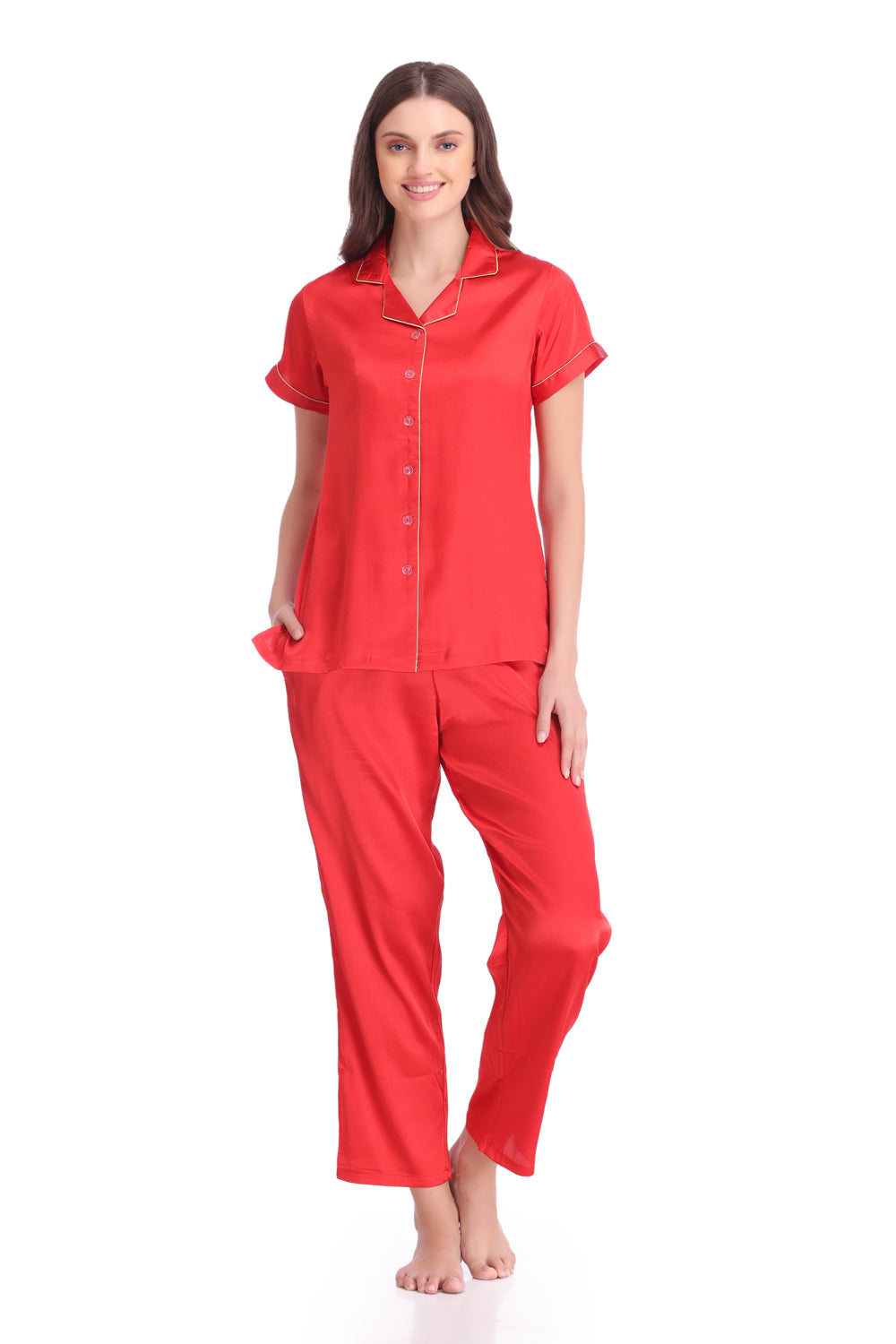 Red satin Classic collar Night suit