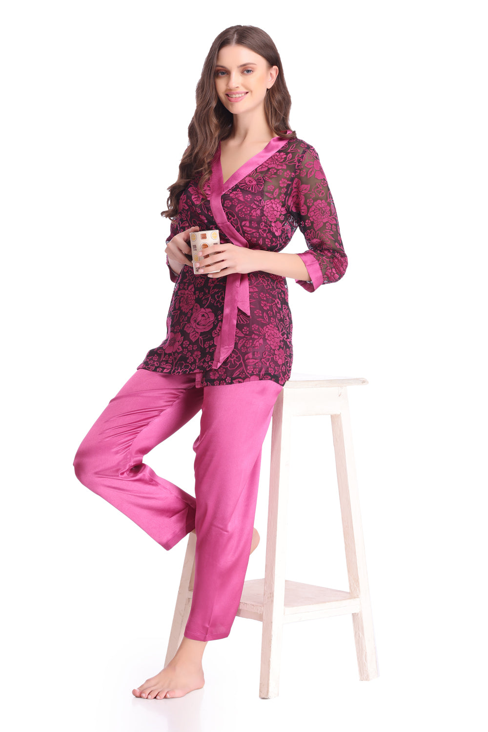 Satin Night suit with Printed Robe