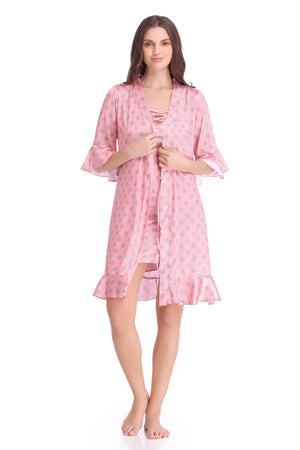 Pink Polka Dot Printed Satin Nightgown Set